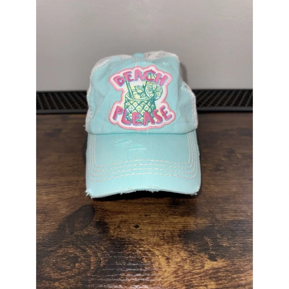 Beach Please‎ Trucker Hat KBETHOS Aqua Distressed Mesh Back Adjustable Cap